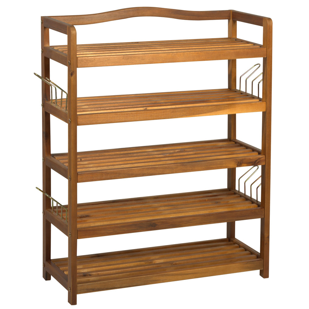HOMCOM 5-Tier Shoe Rack, Acacia Wooden Shoe Storage Organiser with Hangers, Holds up to 19 Pairs, for Entryway, Living Room, 64 x 26 x 82 cm, Teak