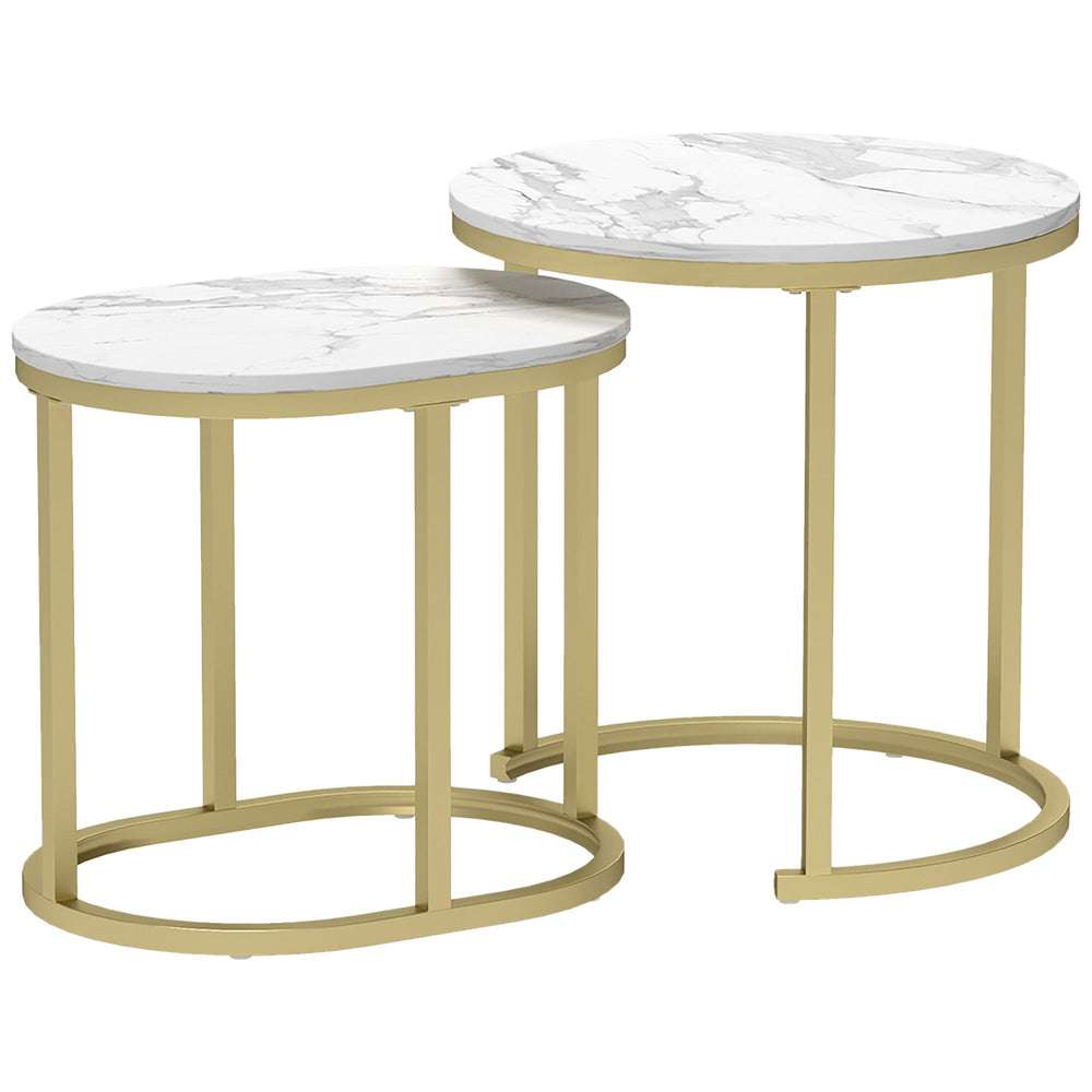 HOMCOM Nest of Tables with Steel Frame and Faux Marble Tabletop, Modern Coffee Table Set of 2, Gold Tone/White