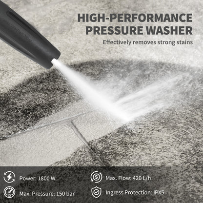Outsunny 1800W High Pressure Washer, 150 Bar Pressure, 420 L/h Flow, Portable Power Washer Jet Wash Cleaner with Adjustable Nozzle, 6M Hose, Hose Reel, Steel Handle for Home Patio Car Driveway, Green