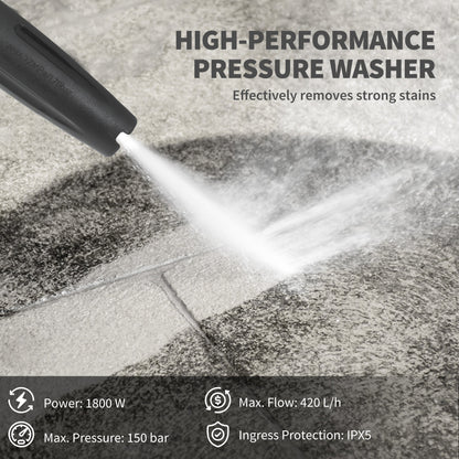 Outsunny 1800W High Pressure Washer, 150 Bar Pressure, 420 L/h Flow, Portable Power Washer Jet Wash Cleaner with Adjustable Nozzle, 6M Hose, Hose Reel, Steel Handle for Home Patio Car Driveway, Green