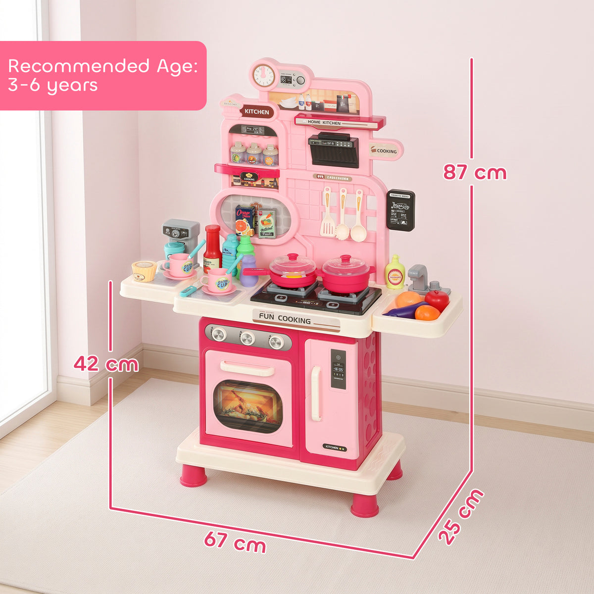 AIYAPLAY Play Kitchen, 33 PCS Kids Kitchen Playset with Lights, Sounds, Storage, Circulating Water Sink for 3-6 Years, Pink