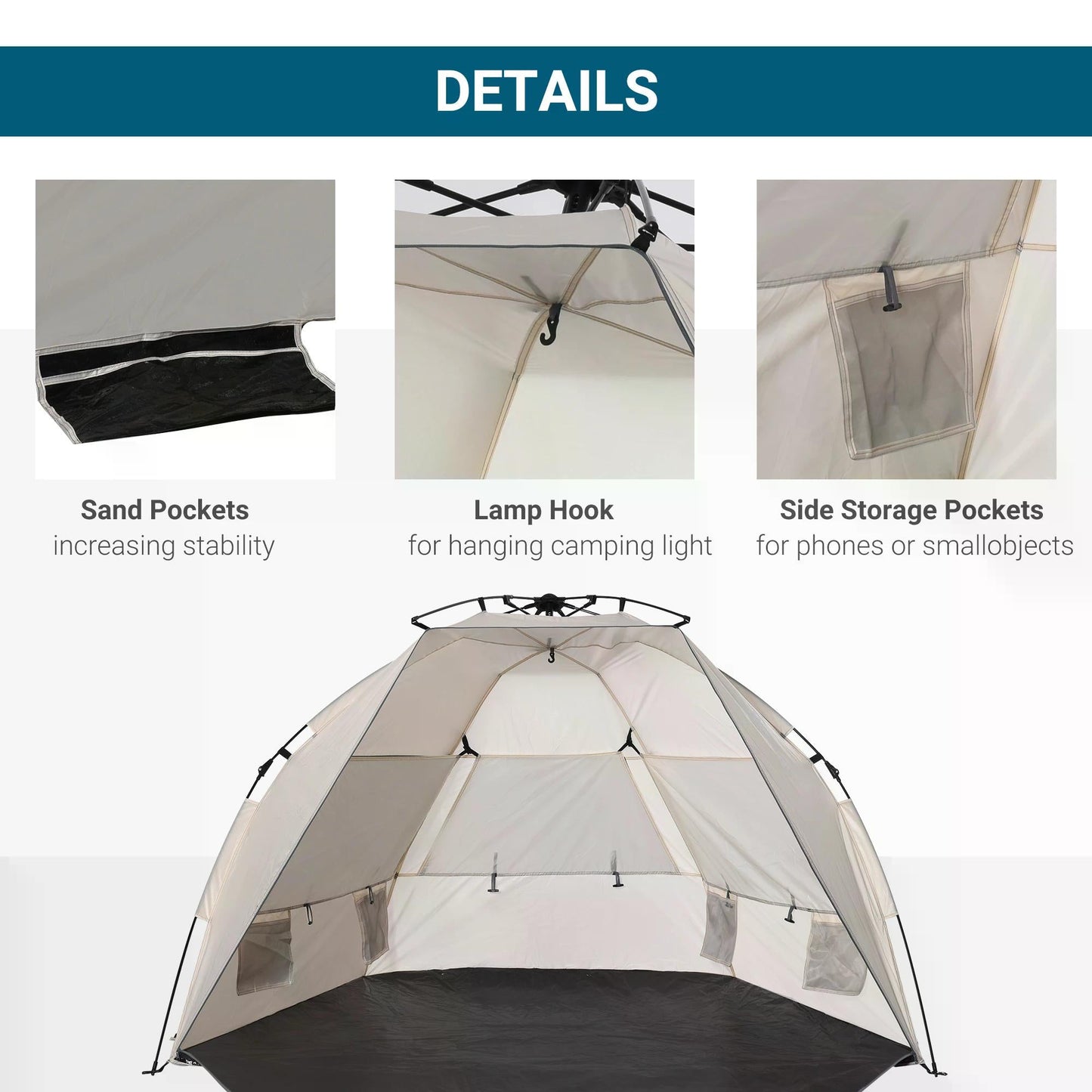 Outsunny Beach Tent for 1-2 Person Pop-up Design with 3 Mesh Windows & Carrying Bag Cream