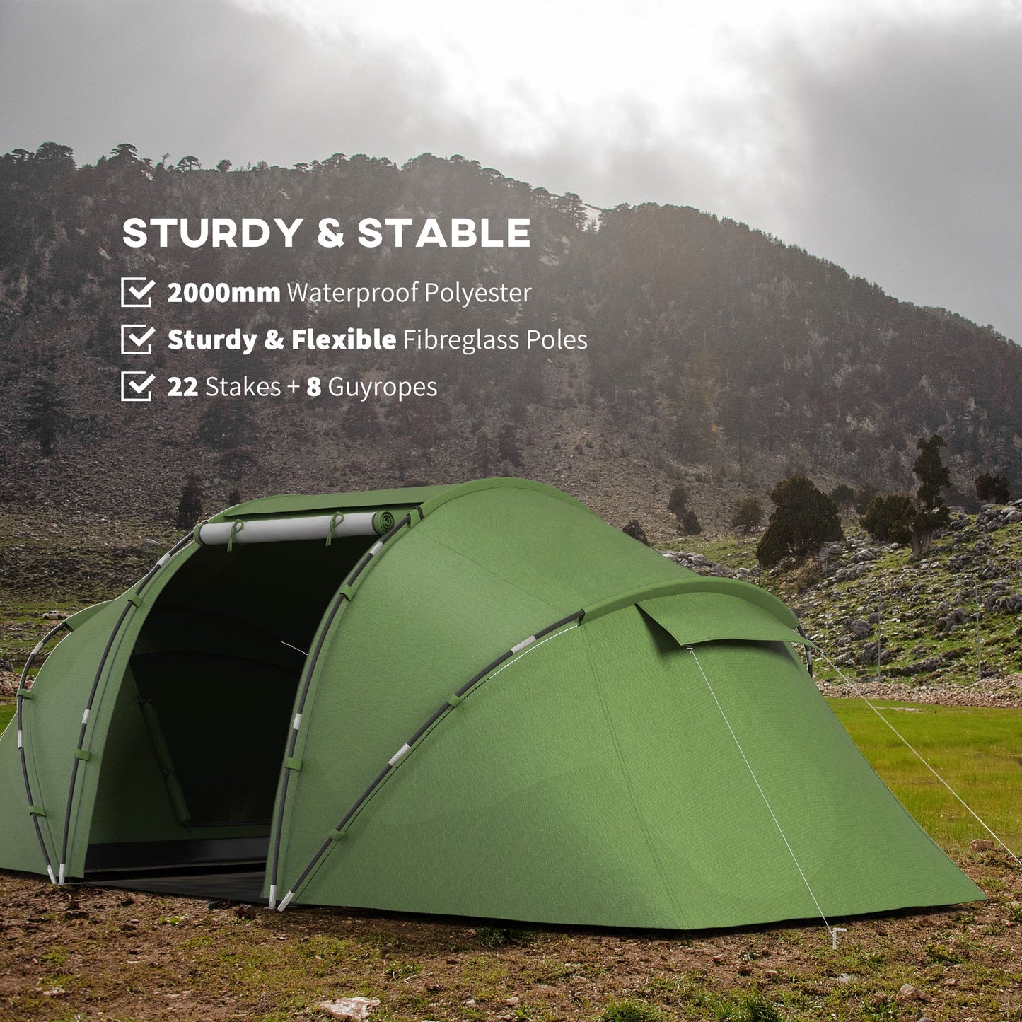 Outsunny 4-6 Man Camping Tent w/ Two Bedroom, Hiking Sun Shelter, UV Protection Tunnel Tent, Dark Green