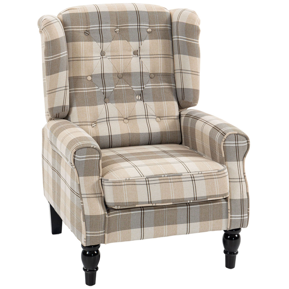 HOMCOM Wingback Accent Chair, Linen-Look Fabric Armchair with Thick Spring Cushion, High Back, Khaki Plaid