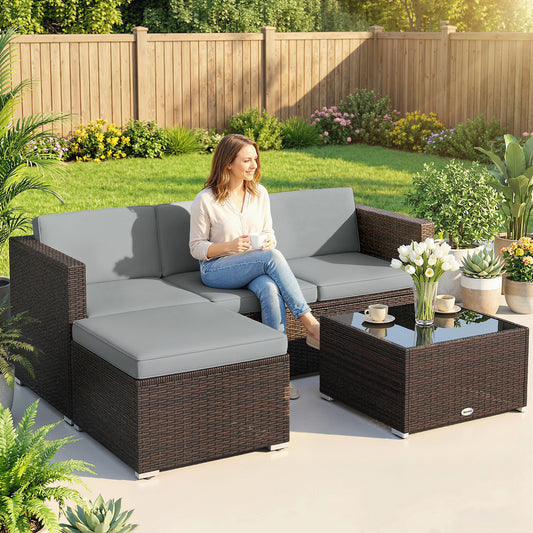 Outsunny 3 Pieces Garden Furniture Set w/ Cushions, PE Rattan Wicker Conversation Corner Sofa Set, Light Grey