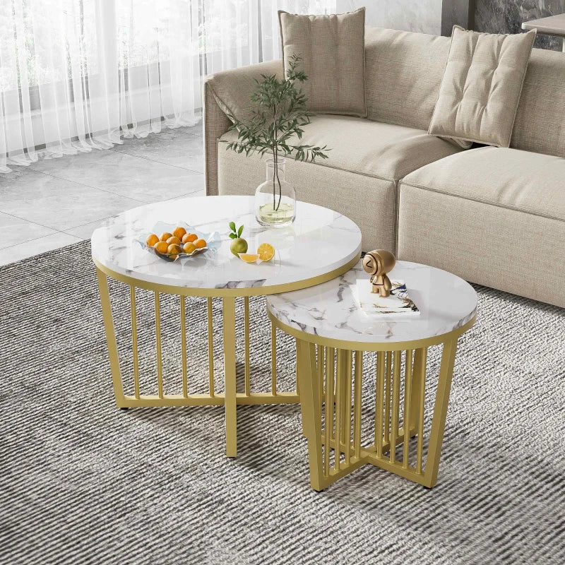 Modern Nesting Coffee Table Set, High Gloss Marble Look with Golden Iron Legs, 2 Piece Set, White