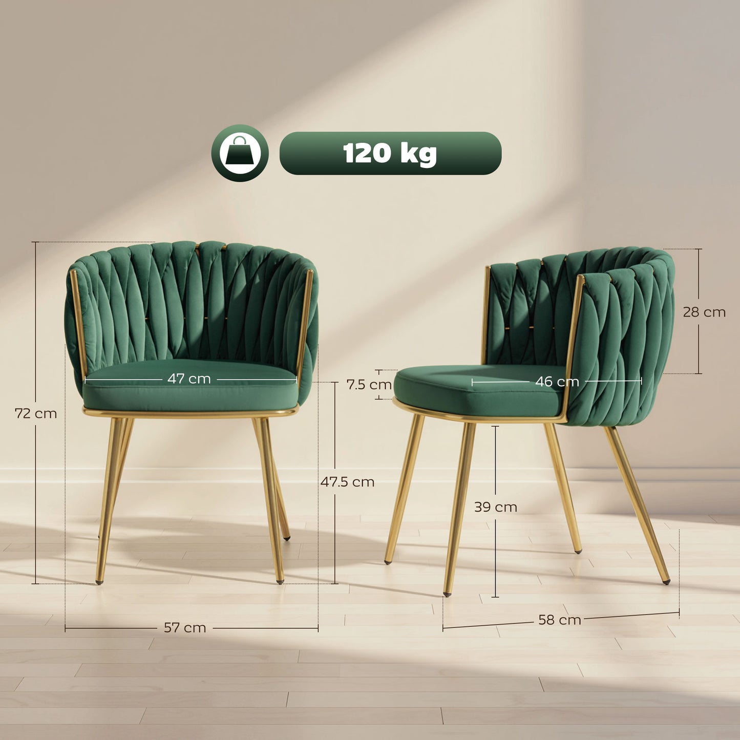 HOMCOM Velvet-Feel Dining Chairs Set of 2, Modern Upholstered Kitchen Chairs with Woven Backrest and Armrests, Metal Legs and Padded Seat for Dining Room, Bedroom, Living Room, Dark Green