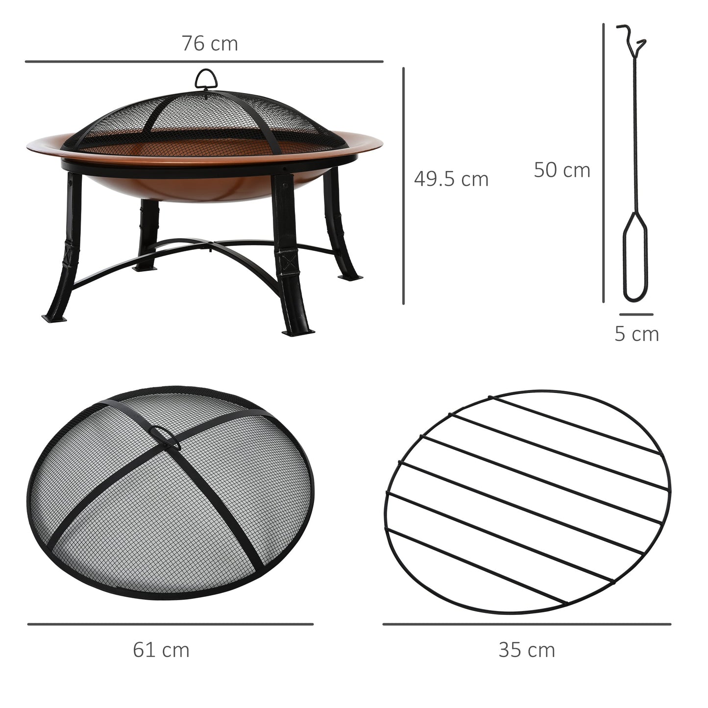 Outsunny 76cm Metal Large Firepit Bowl Outdoor Round Fire Pit w/ Lid, Log Grate, Poker for Backyard, Camping, Picnic, Bonfire, Wood Burning Stove, Bronze