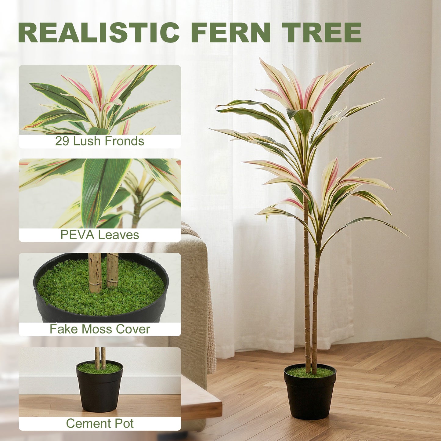 HOMCOM 90 cm Artificial Cordyline Tree in Moss Effect Pot, Realistic PEVA Faux Plant, Yellow