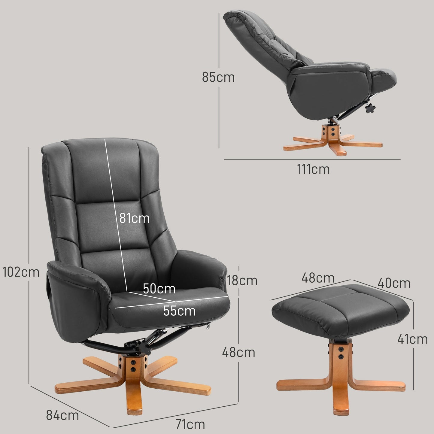 HOMCOM Rocking Recliner Chair with Footstool, PU Leather Recliner Armchair with Wood Base, Upholstered Reclining Chair for Living Room Bedroom, Black