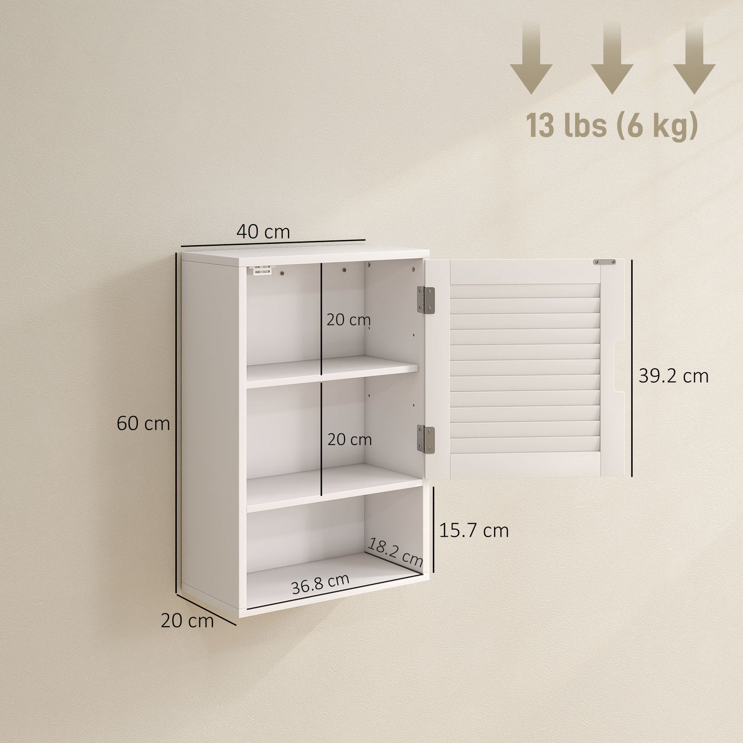 HOMCOM Bathroom Cabinet, Wall Mounted Storage Cabinet with Adjustable Shelves, 40 x 20 x 60 cm, White