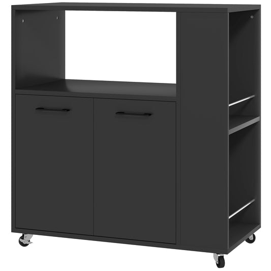 HOMCOM Kitchen Trolley on Wheels, Rolling Kitchen Island Cart with 2-Door Cabinet, Spice Rack and Adjustable Shelf, Black