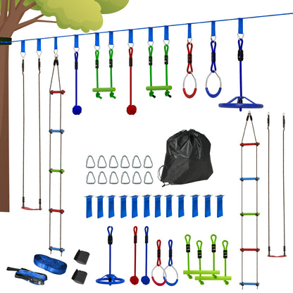 AIYAPLAY 10-Piece Zip Line Kit for Kids with 10m Slackline, Monkey Bars, Swing, Climbing Ladder, Hanging Tray, Metal Rings