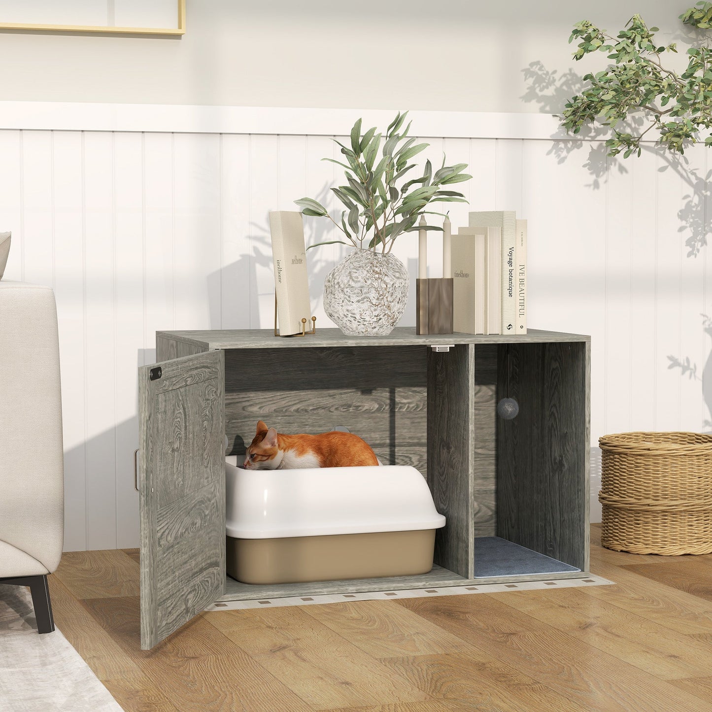 PawHut Cat Litter Box Enclosure with Rattan Door, Scratching Mat, Toy Ball, Non-Slip Foot Pads, Grey