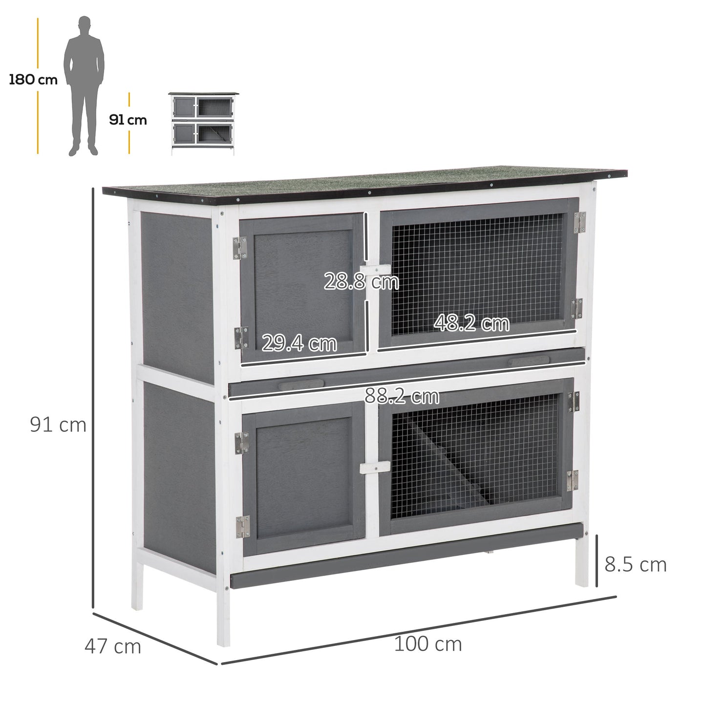 PawHut Double Decker Rabbit Hutch 2 Tier Guinea Pig House Pet Cage Outdoor with Sliding-out Tray Asphalt Roof Ramp, 100x47x91cm, Grey