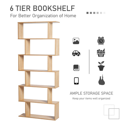 HOMCOM Bookcase, 6 Tier Shelf S Shaped Bookshelf, Storage Unit, Display Shelf for Living Room, Bedroom, Home Office, Plant, Oak