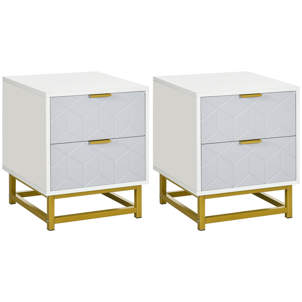 HOMCOM Bedside Table with 2 Drawers, Side Table, Bedside Cabinet with Steel Frame for Living Room, Bedroom, Set of 2, Grey and White