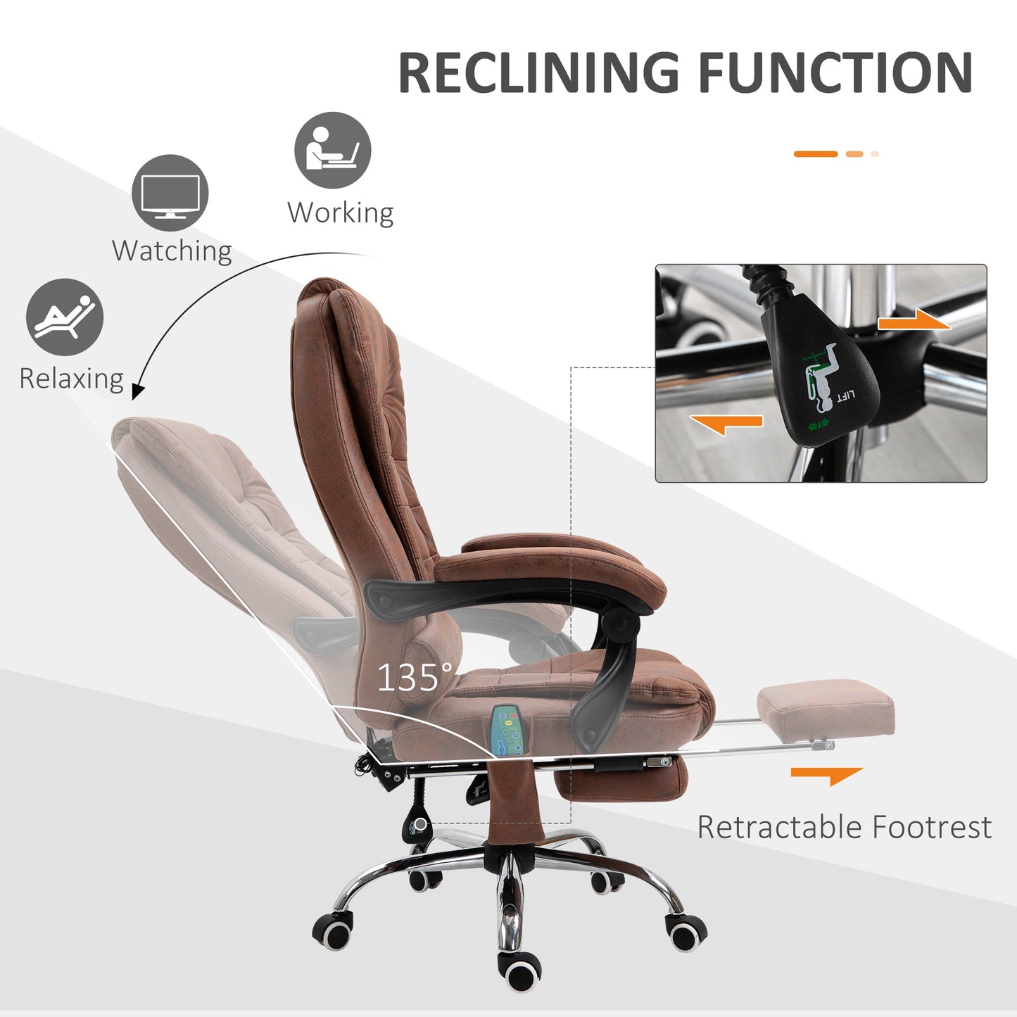 Vinsetto Heated 6 Points Vibration Massage Executive Office Chair Adjustable Swivel Ergonomic High Back Desk Recliner & Footrest - Brown