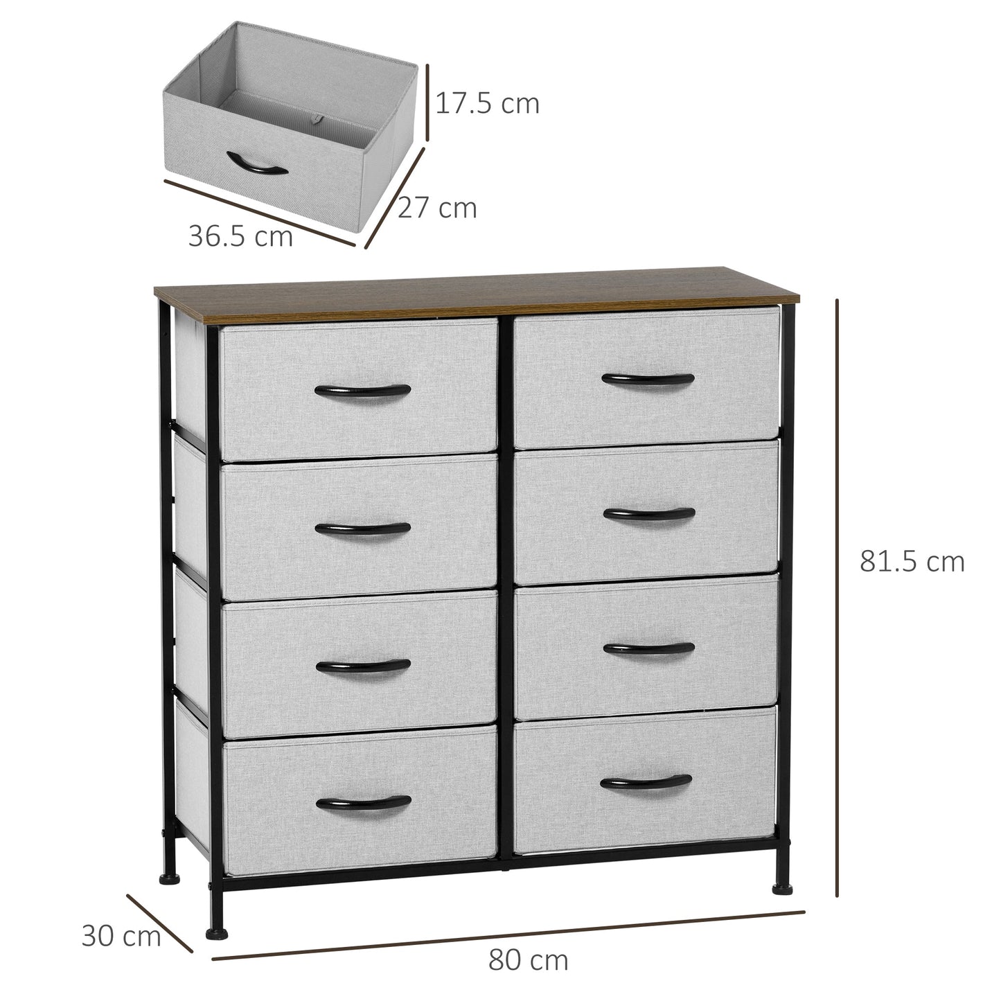 HOMCOM Fabric Chest of Drawers, Industrial Bedroom Dresser with 8 Fabric Drawers, Steel Frame and Wooden Top for Nursery, Living Room, Hallway, Grey