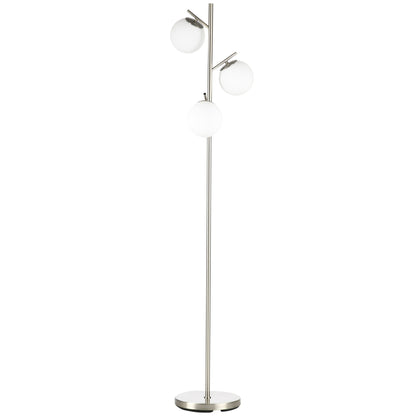 HOMCOM 3-Light Tree Floor Lamps for Living Room, Modern Standing Lamp for Bedroom with Globe Lampshade, Steel Base, Bulb not Included, Silver Tone