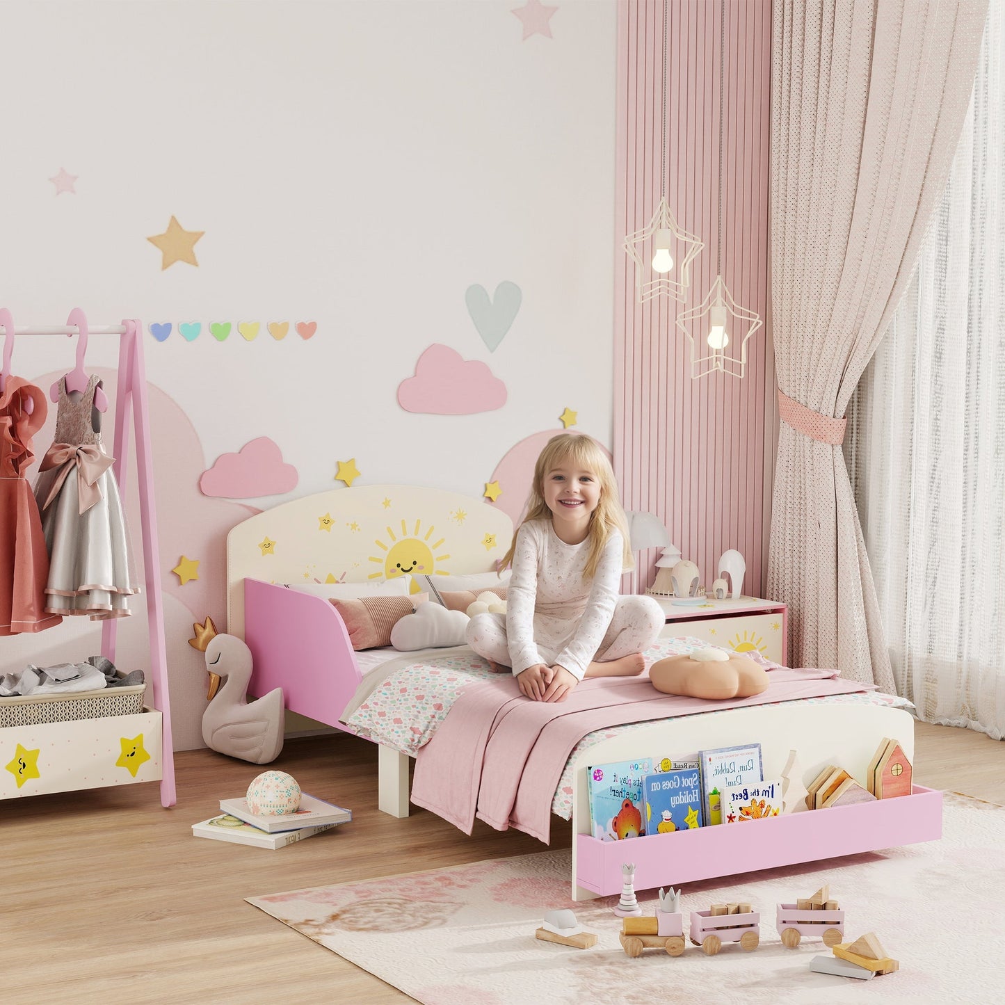 AIYAPLAY Toddler Bed with Storage, Guardrails, Sun Design, for Ages 3-8 Years, Fits 140 x 70cm Mattress,