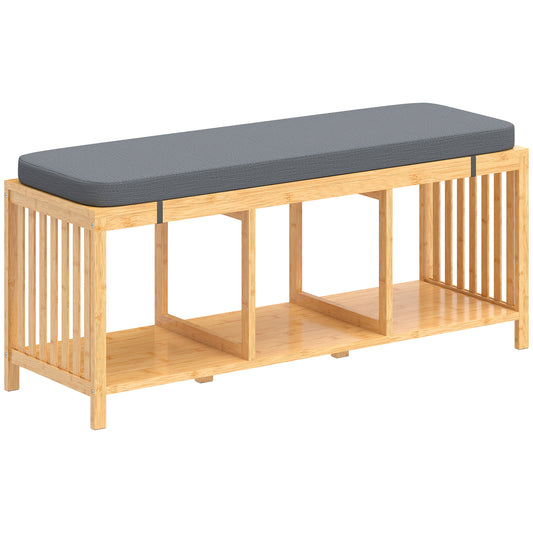 HOMCOM Bamboo Shoe Bench, Entryway Storage Bench with Padded Cushion and Open Shelf, Natural Wood Finish