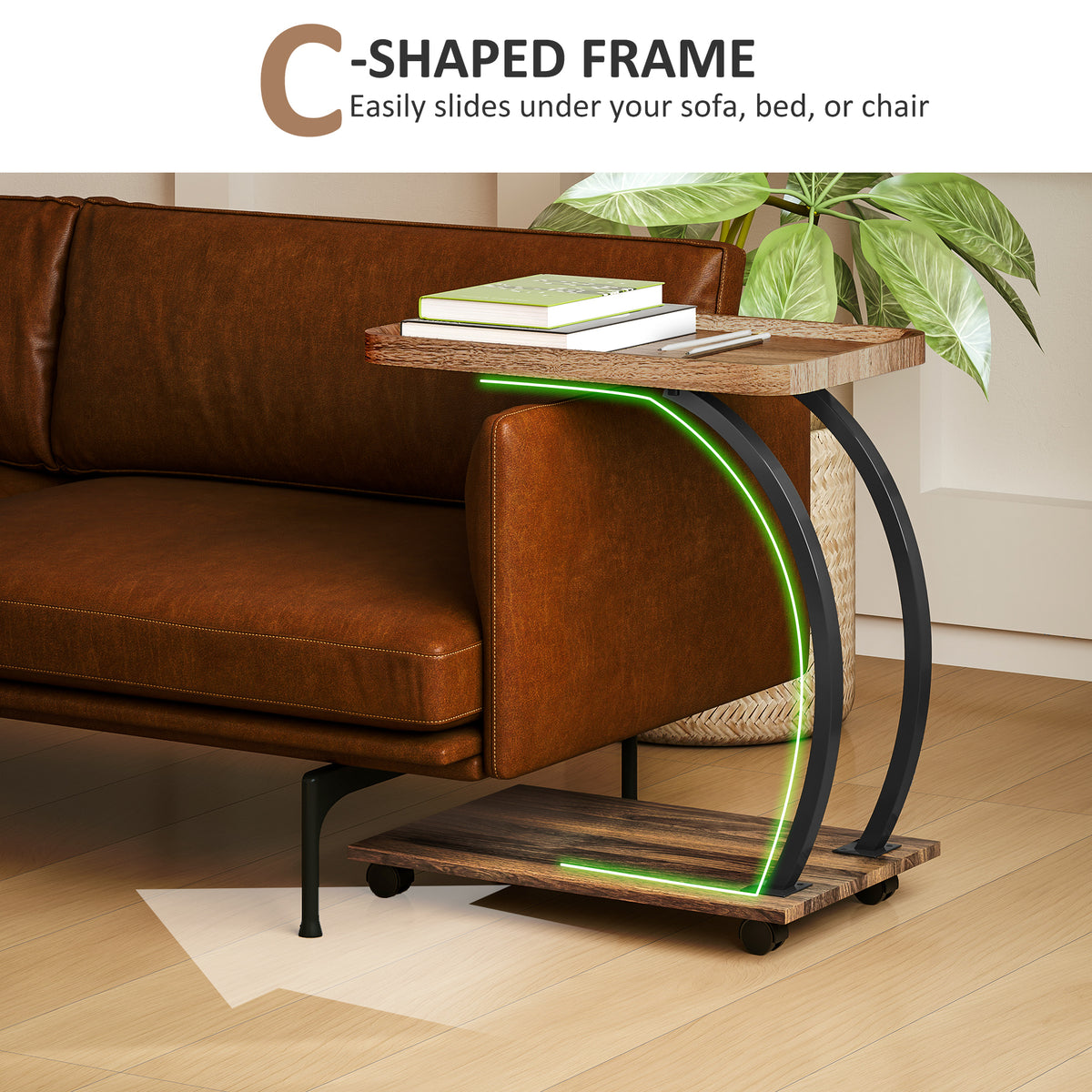 HOMCOM 2-Tier Mobile C-Shaped Side Table - Brown