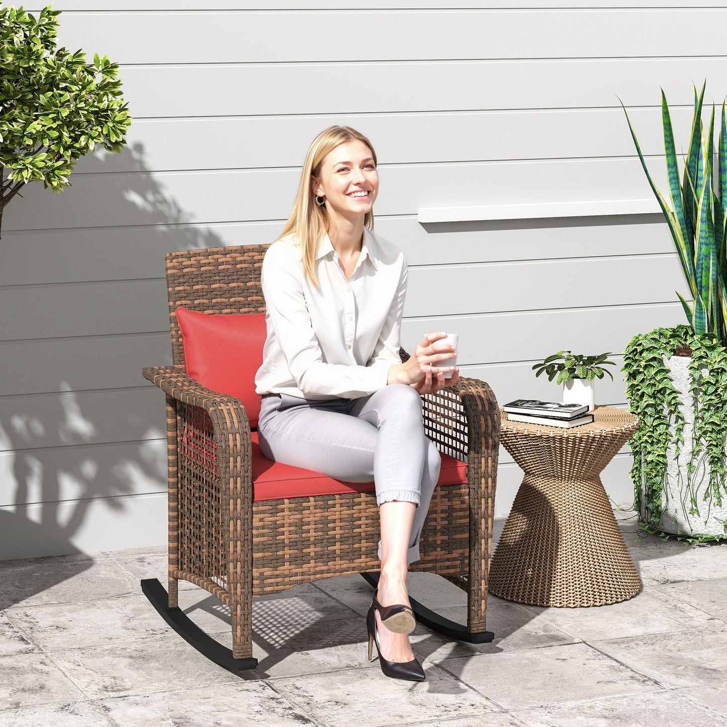 Outsunny Rattan Rocking Chair - Red