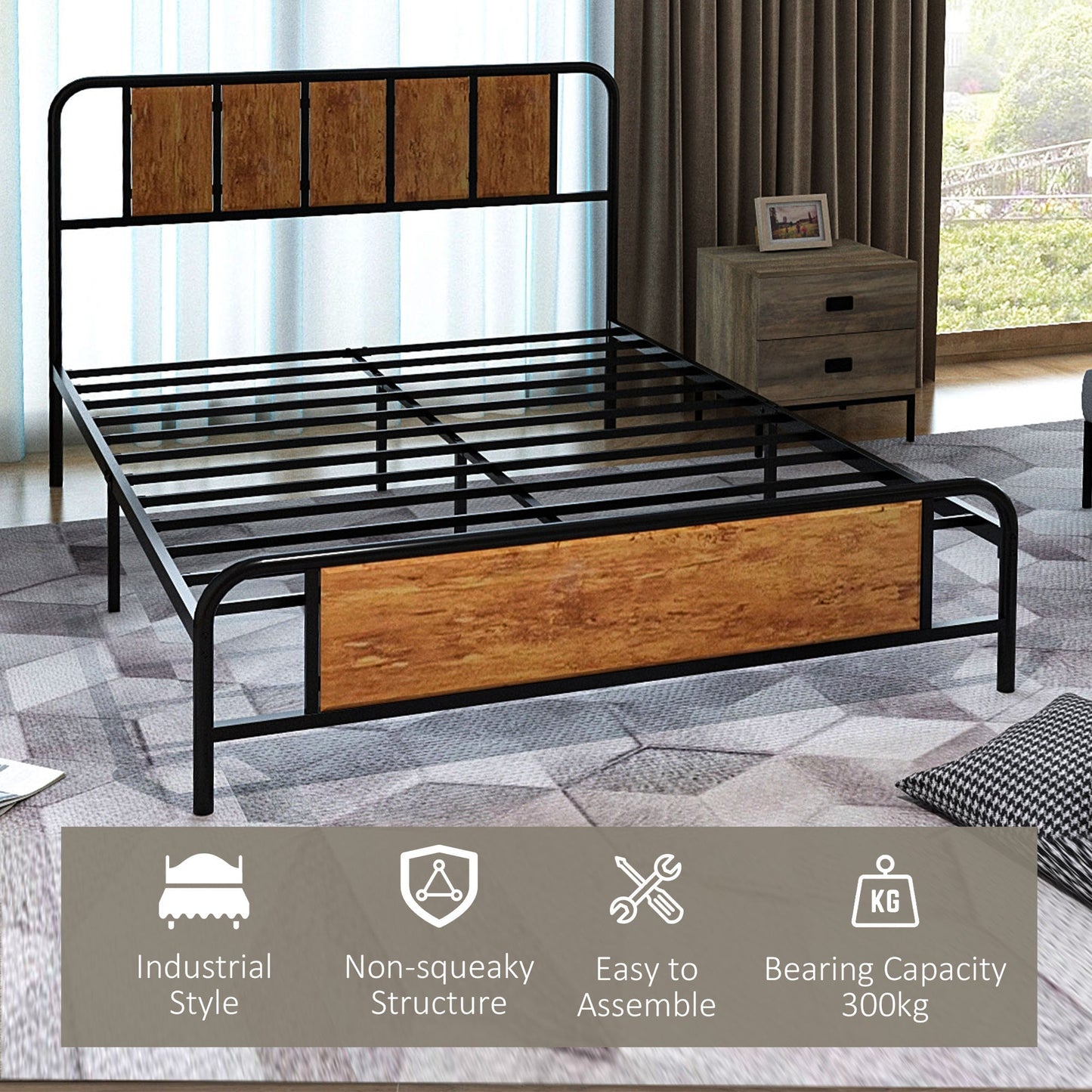 HOMCOM 4.8ft Double Bed Frame with Industrial Wood Headboard, Steel Slat Support and 25.5cm Underbed Storage Space, 145 x 199cm, Rustic Brown