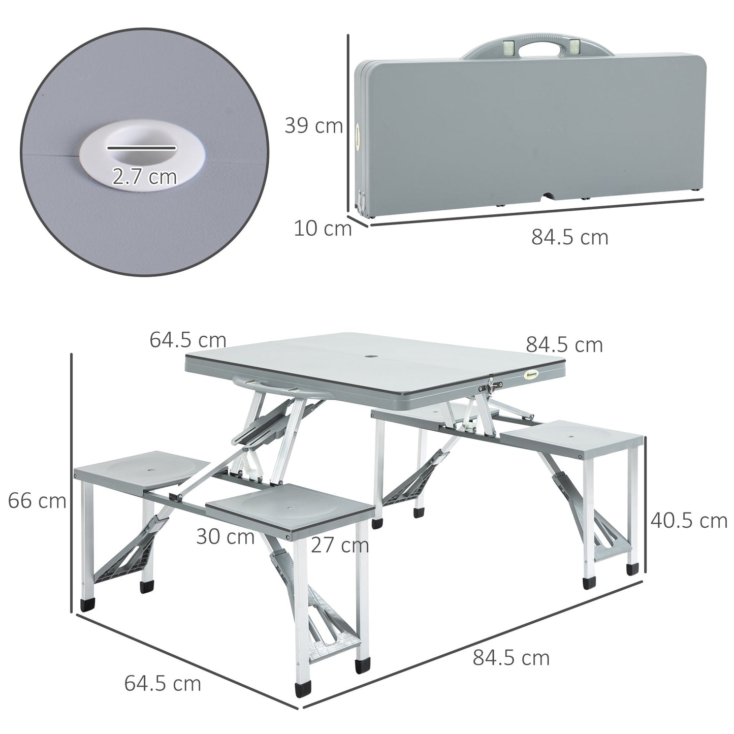 Outsunny Aluminium PP 4-Seater Portable Picnic Table and Bench Set Silver