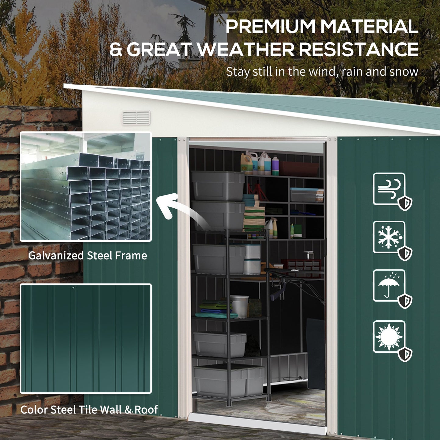 11.3 x 9.2ft Garden Metal Storage Shed Outdoor Metal Tool House with Double Sliding Doors and 2 Air Vents, Green