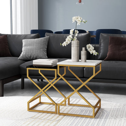 HOMCOM Set of Two Marble-Effect Nesting Tables