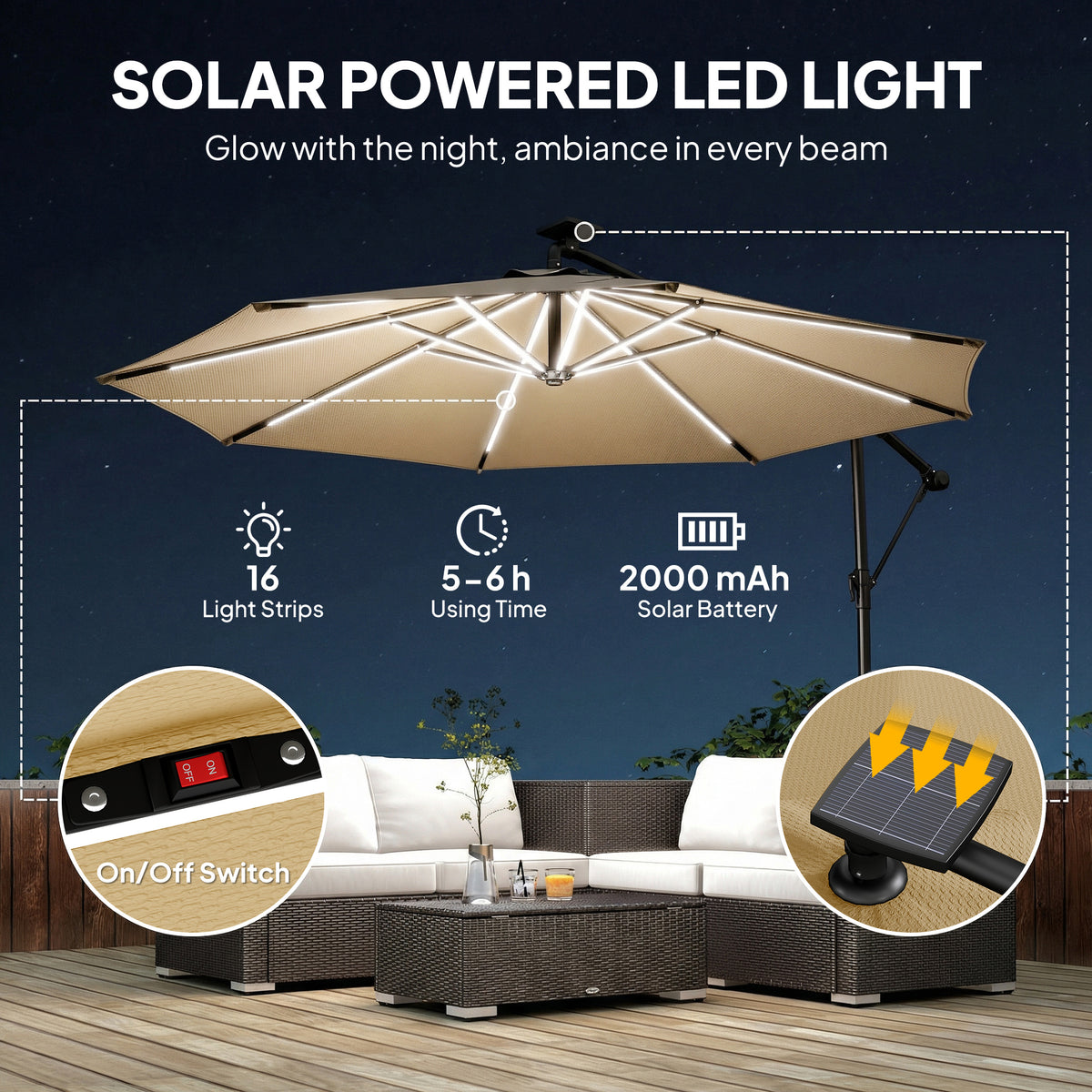 Outsunny 3 m Garden Cantilever Parasol with LED Solar Light, Round Overhanging Umbrella with 360° Rotation, Cover, Khaki
