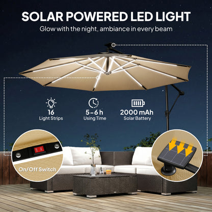 Outsunny 3 m Garden Cantilever Parasol with LED Solar Light, Round Overhanging Umbrella with 360° Rotation, Cover, Khaki