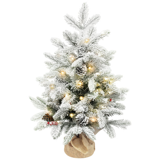 HOMCOM 60 cm Prelit Small Christmas Tree with 35 LED Lights, Snow Flocked Tabletop Mini Xmas Tree with Pine Cones, Berry Clusters and Linen Cover Base, Battery Operated, Green