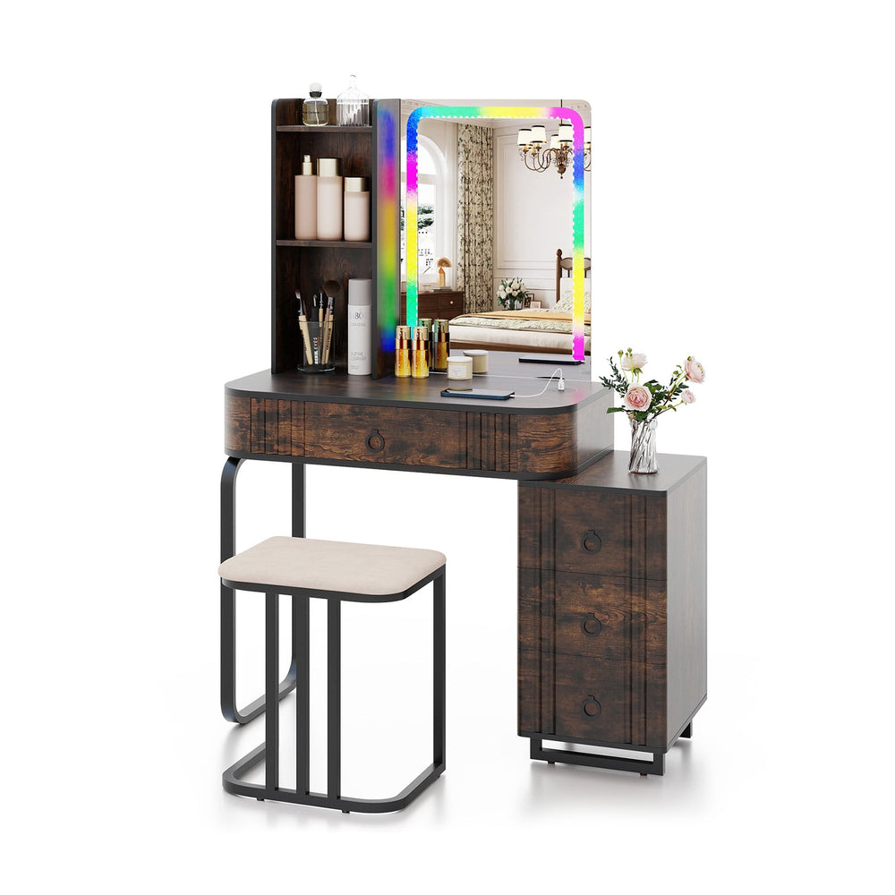 RGB LED Vanity Set with Mirror and Lights-Rustic Brown