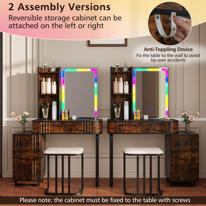 RGB LED Vanity Set with Mirror and Lights-Rustic Brown
