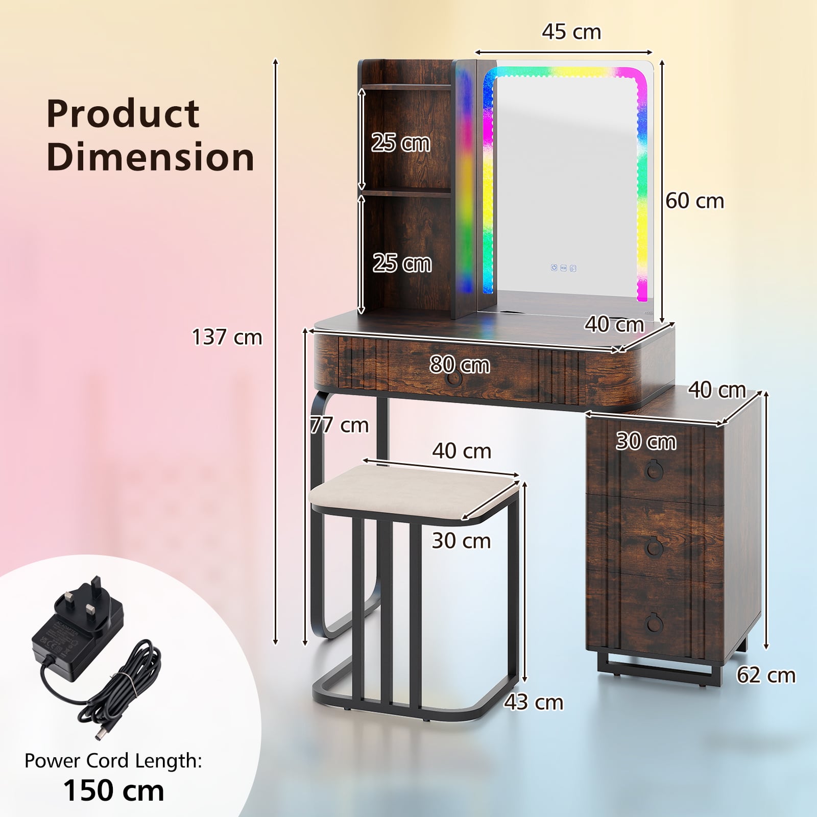 RGB LED Vanity Set with Mirror and Lights-Rustic Brown