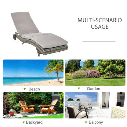 Outsunny Patio Wicker Chaise Lounge Chair, Outdoor PE Rattan Sun lounger with Adjustable Backrest and 2 Wheels