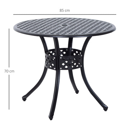 Outsunny 85cm Round Garden Table with Umbrella Hole, Aluminium Grid Motif Outdoor Dining Table for Garden Patio, Black