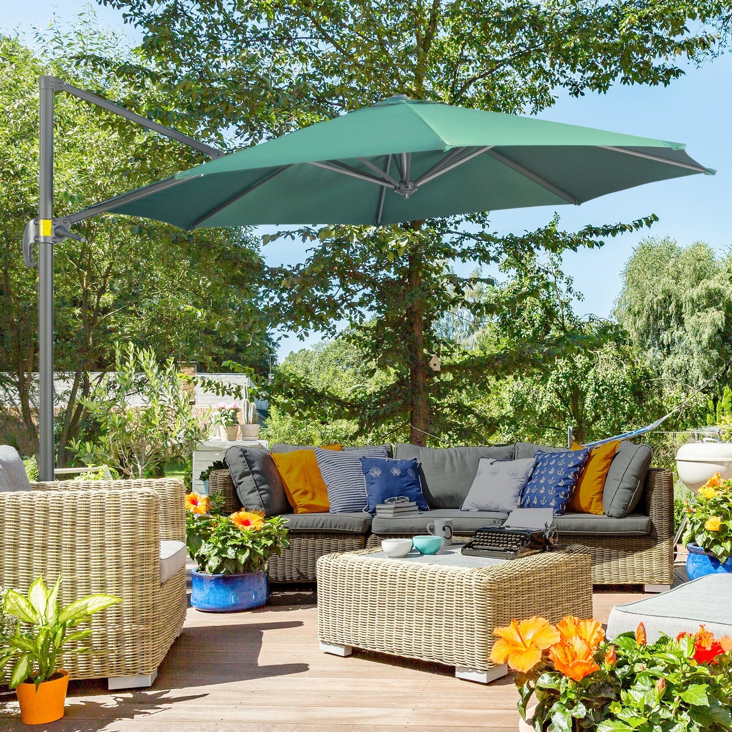 Outsunny 3 x 3(m) Cantilever Parasol with Cross Base, Garden Umbrella with 360 Rotation, Crank Handle and Tilt for Outdoor, Patio, Green