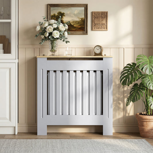 HOMCOM Heater Cover, Radiator Cover Slatted Painted MDF Lined Grill Grey, 78L x 19W x 81H cm