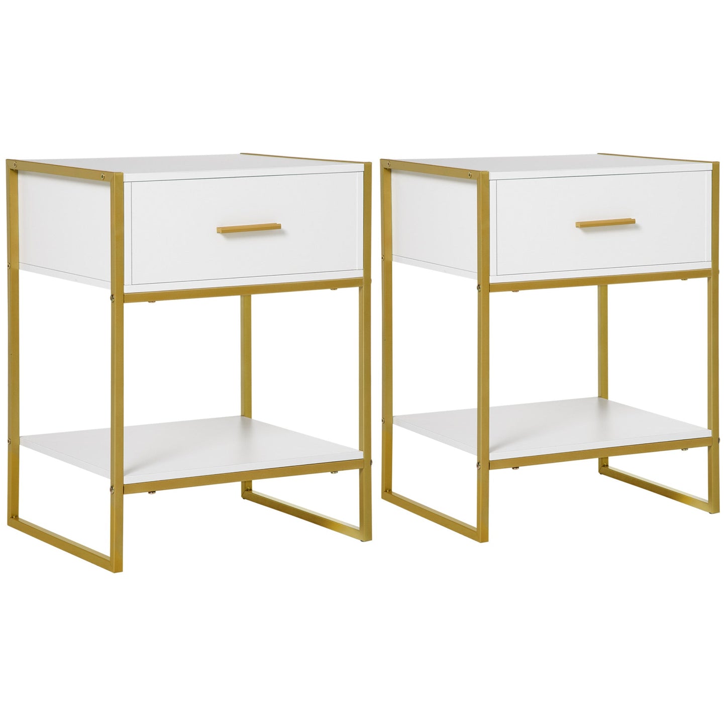 HOMCOM Bedside Table Set of 2, Modern Side Tables with Drawer and Shelf, Nightstands for Bedroom, White