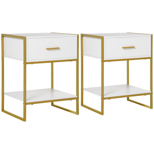 HOMCOM Bedside Table Set of 2, Modern Side Tables with Drawer and Shelf, Nightstands for Bedroom, White