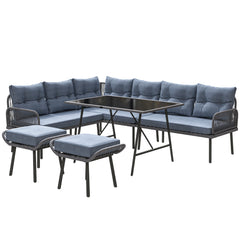 Outsunny 6 Piece Rattan Garden Furniture Set, 8 Seater Garden Corner Sofa with Cushions and Glass Top Table, Sectional Outdoor Furniture Conservatory Set for Patio, Charcoal Grey