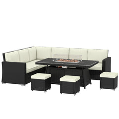 Outsunny 7 Pieces PE Rattan Garden Furniture Set, 50,000 BTU Gas Fire Pit Table, Double Corner Sofa and 3 Footstools