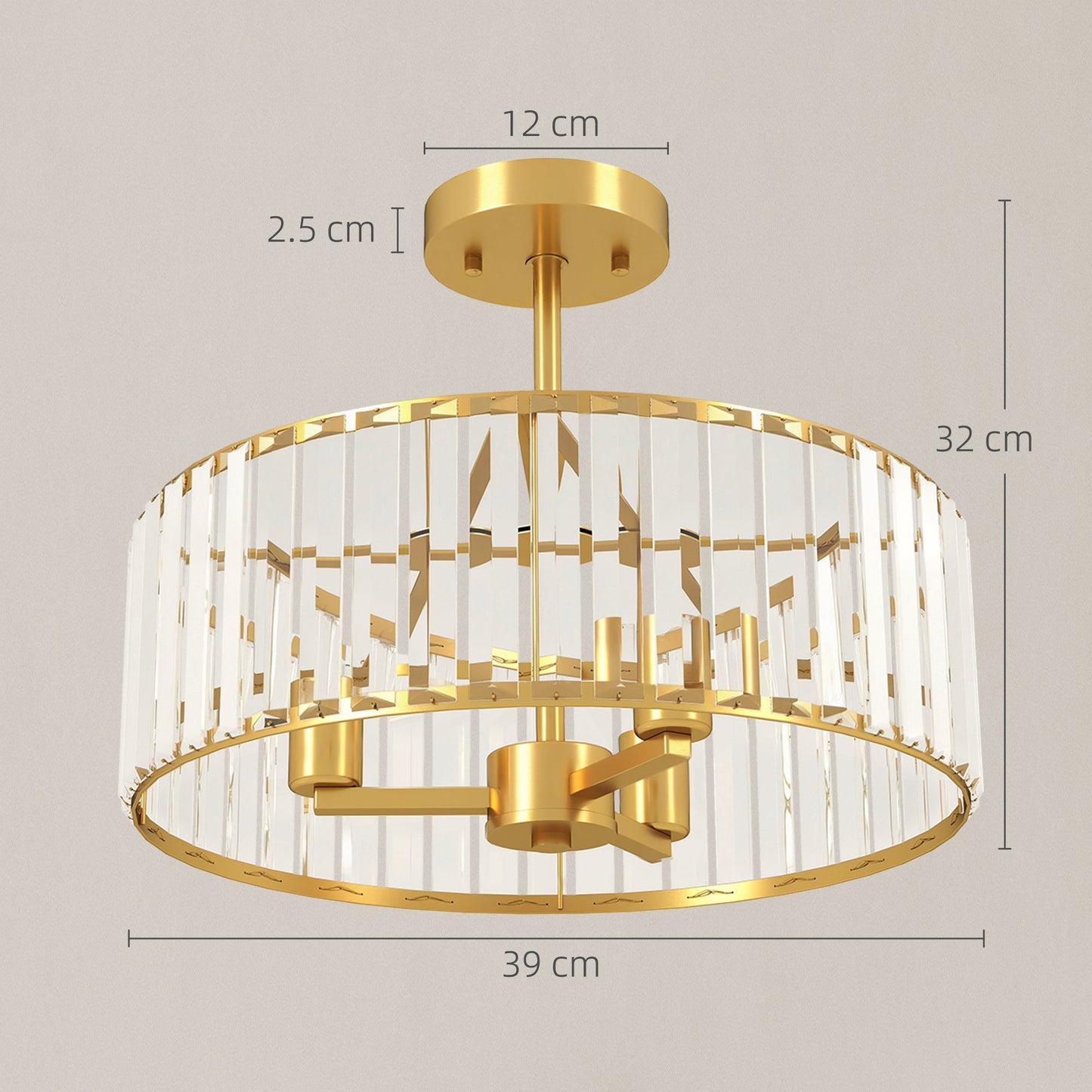 HOMCOM Crystal Ceiling Light Fixture, Semi Flush Mount Modern Crystal Chandelier Ceiling Light for Living Room, Bedroom, Hallway, Dining Room, E14 Base 3-Lights, Bulbs Not Included, Gold Tone