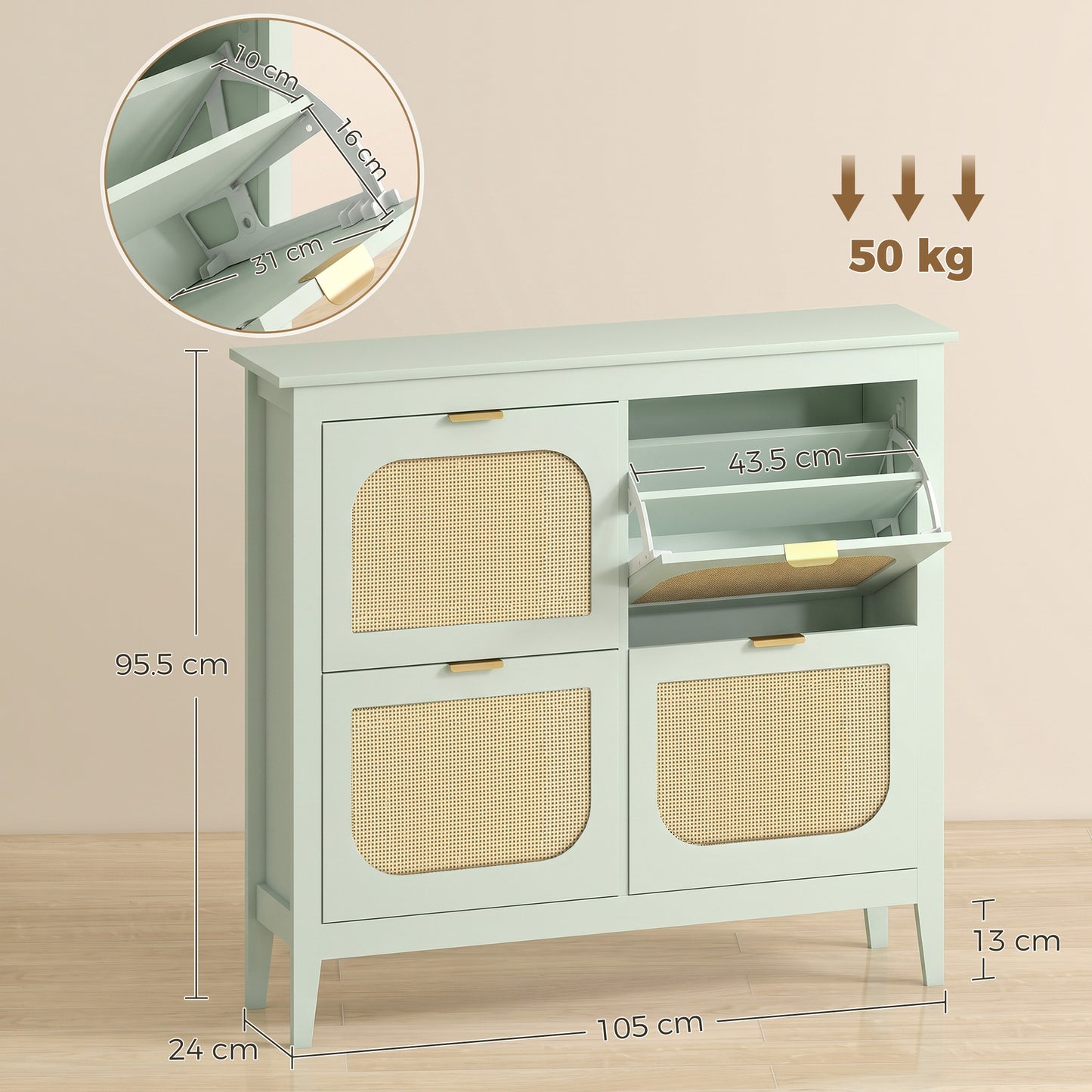 HOMCOM Narrow Shoe Cabinet, Boho Slim Shoe Storage Cabinet with 4 Flip Drawers, Holds 20 Pairs, Light Green