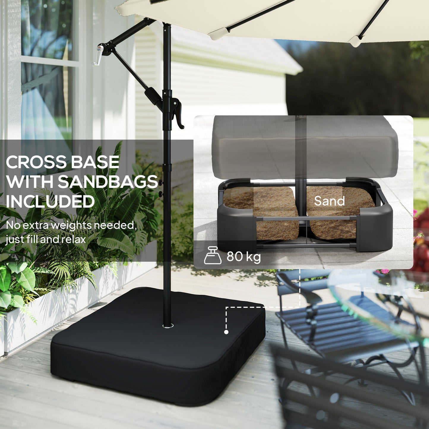 Outsunny 3 m Garden Cantilever Parasol with Cross Base, Sandbag, 360° Rotating Overhanging Banana Umbrella, Cream White