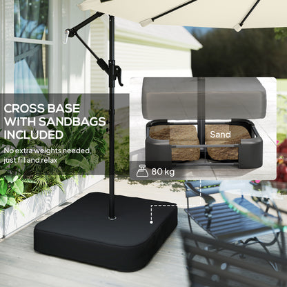 Outsunny 3 m Garden Cantilever Parasol with Cross Base, Sandbag, 360° Rotating Overhanging Banana Umbrella, Cream White
